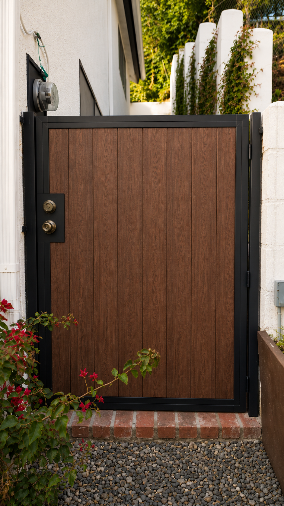 Custom pedestrian gate with vertical composite panel and black steel frame in Glendale, Los Angeles - ProHands Handyman
