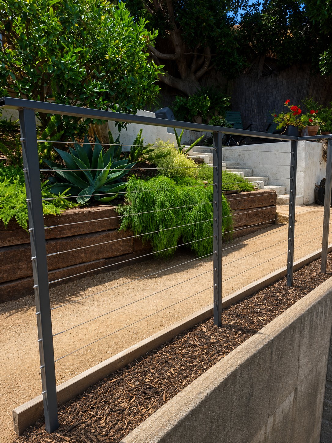Close-up of stainless cable railing with black powder-coated steel posts in LA hillside garden