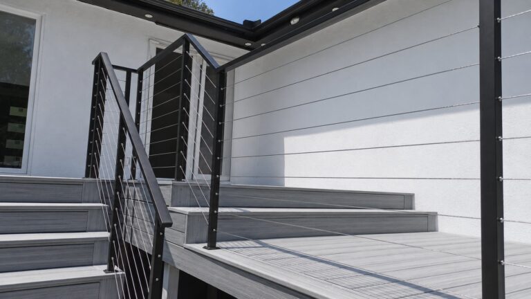 Modern cable railing on composite deck stairs in Los Angeles