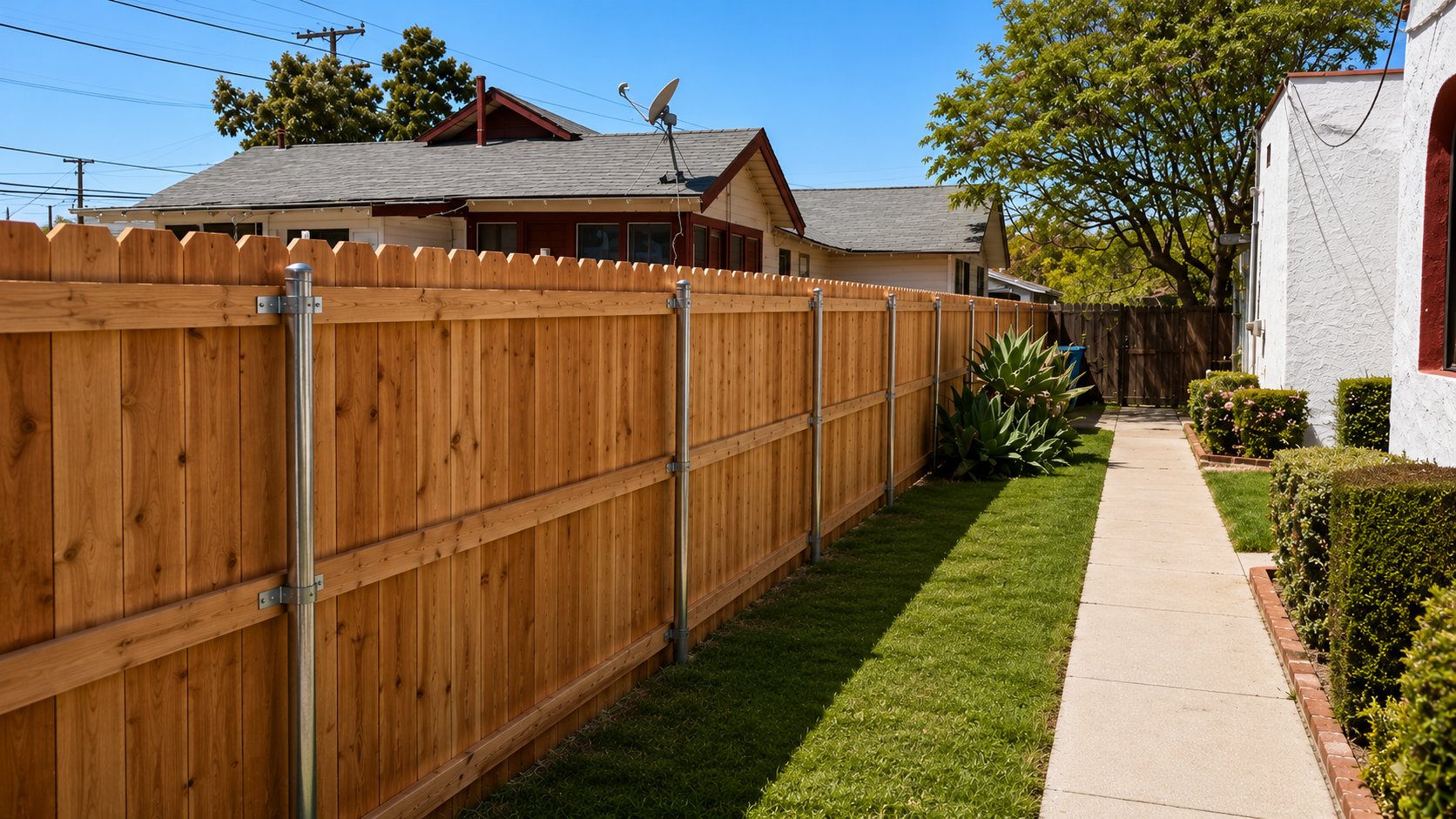 Premium cedar privacy fence with galvanized steel post inserts along a Pasadena side yard
