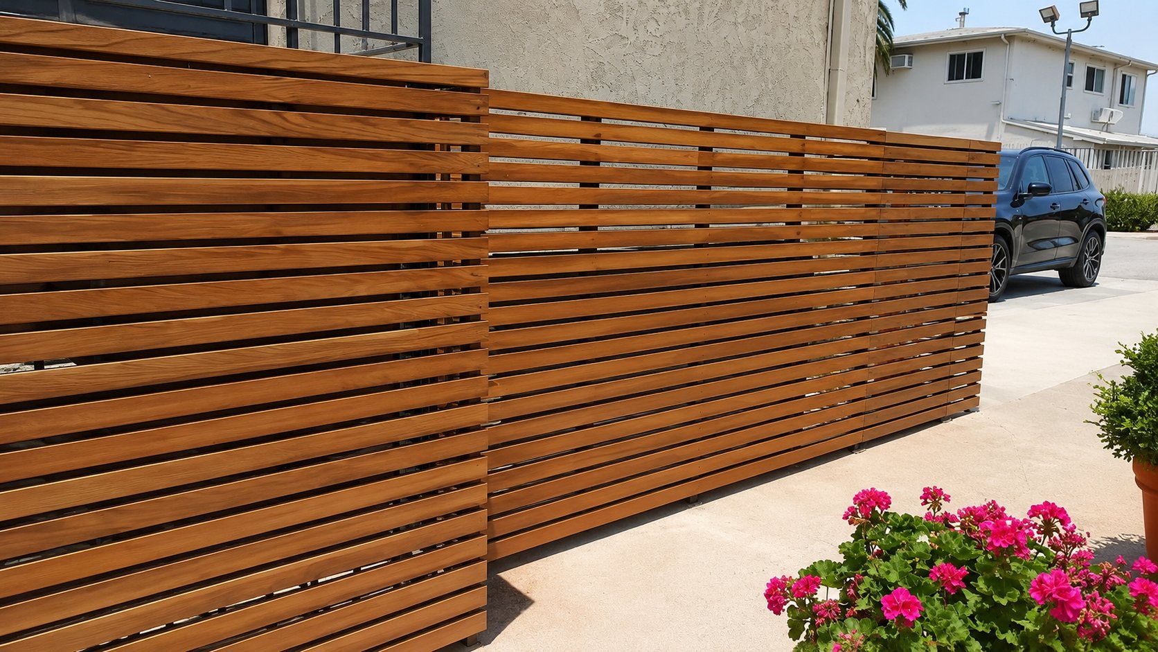 Modern horizontal cedar slat privacy fence on steel frame, perimeter section in Los Angeles