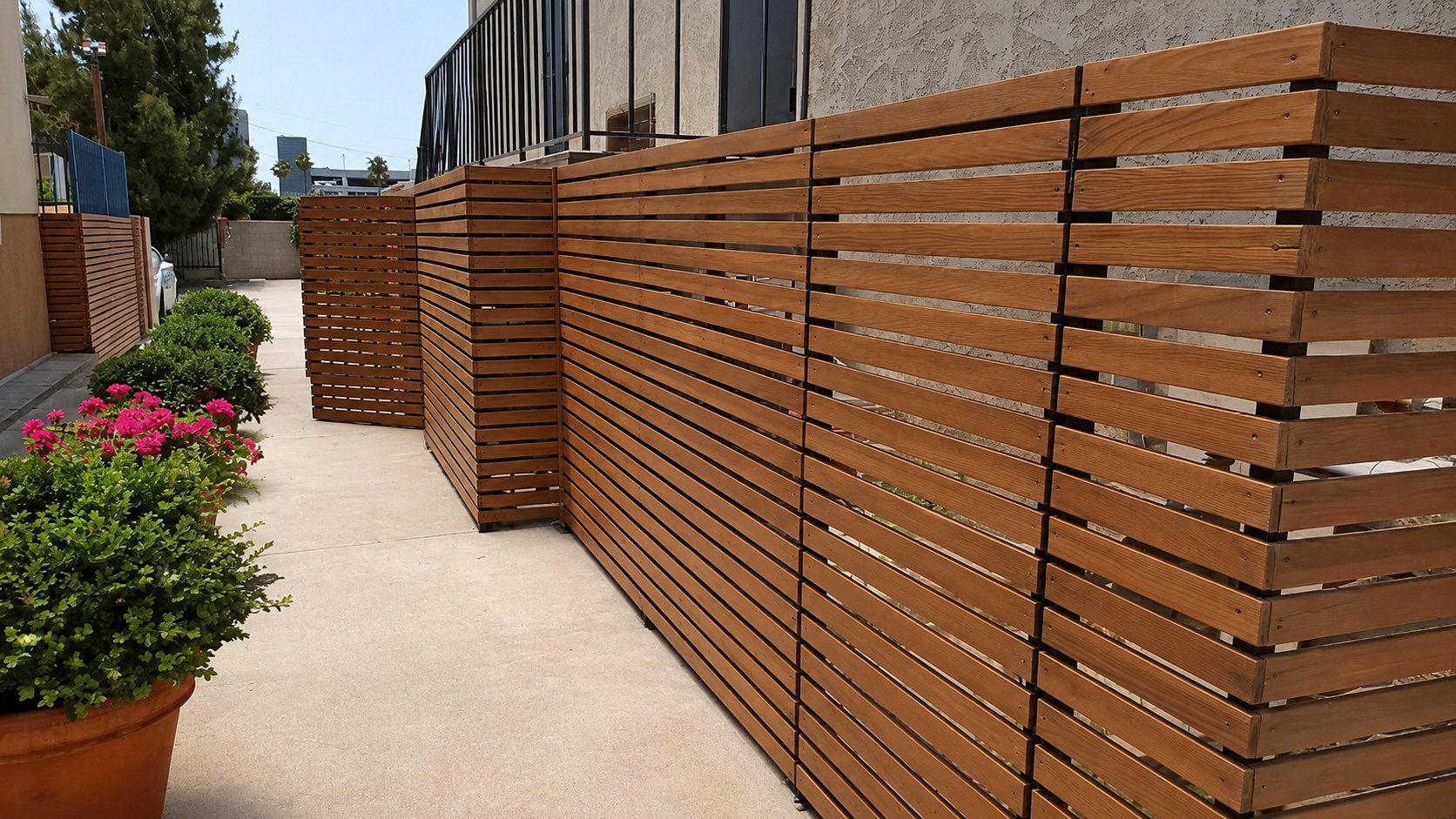 Cedar slat utility enclosure tucked under exterior staircase, LA multi-unit property