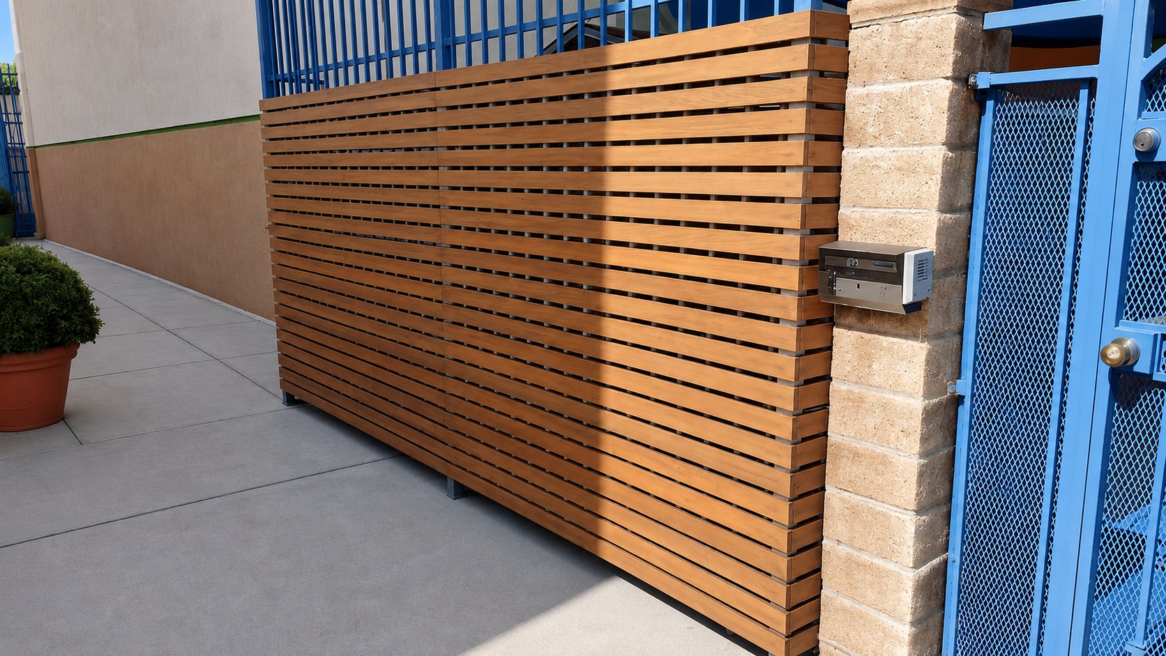 Cedar slat screen integrated with existing blue metal gate and stone column entry