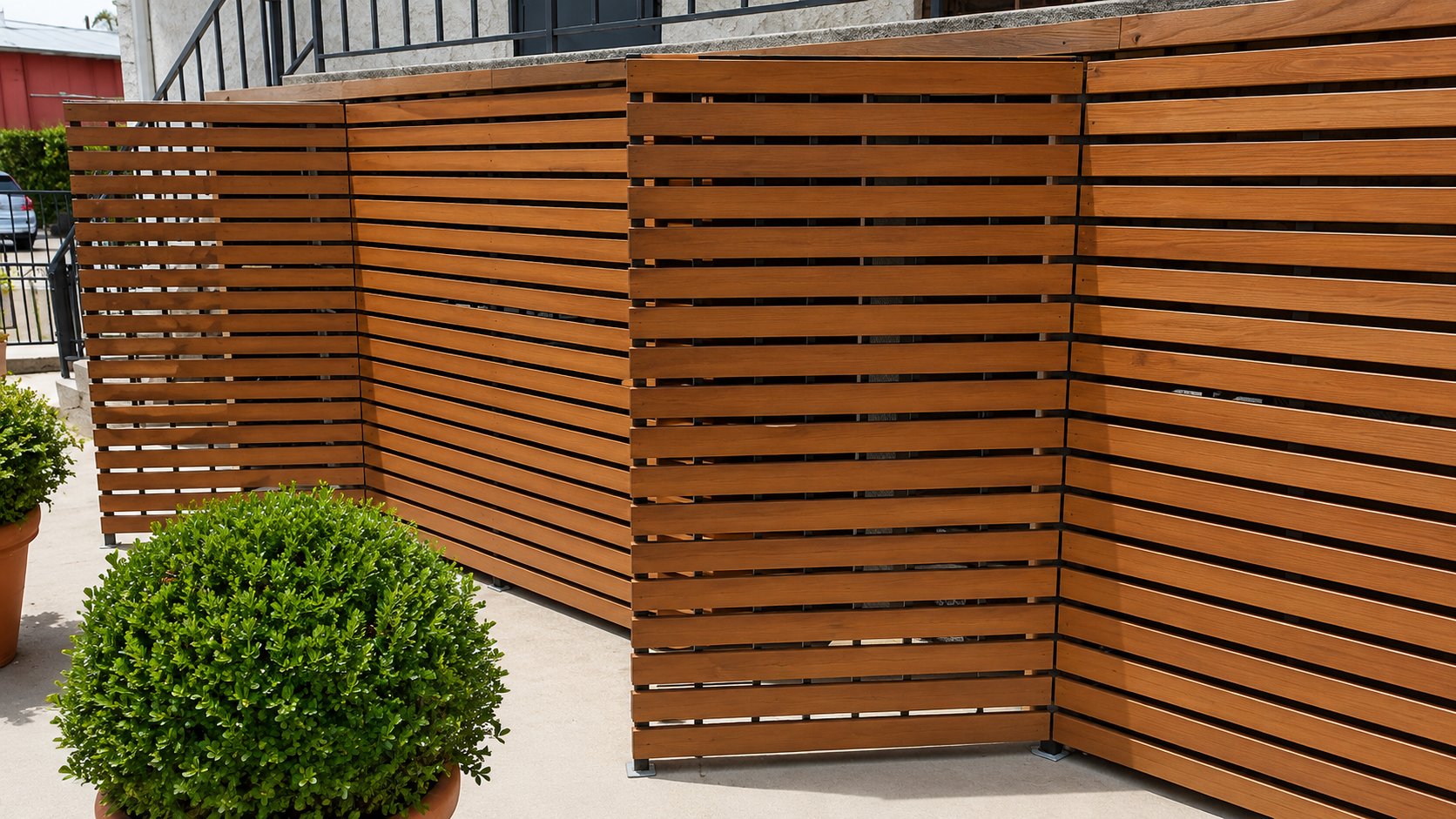 Corner detail of horizontal cedar slat fence panels with topiary planter