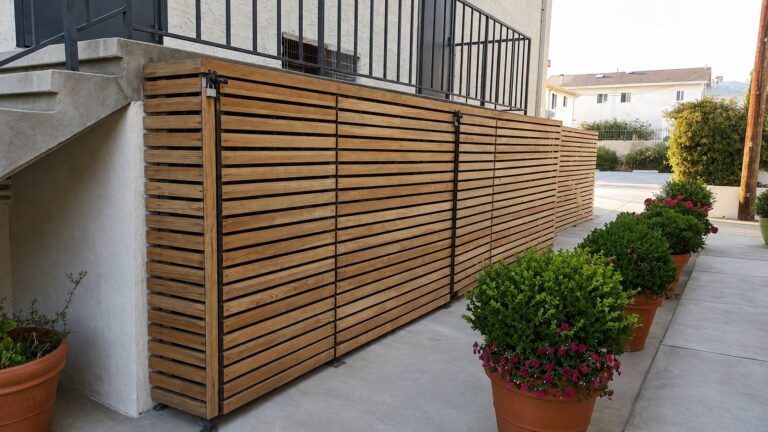 Cedar slat storage enclosure under exterior stair, modern LA property