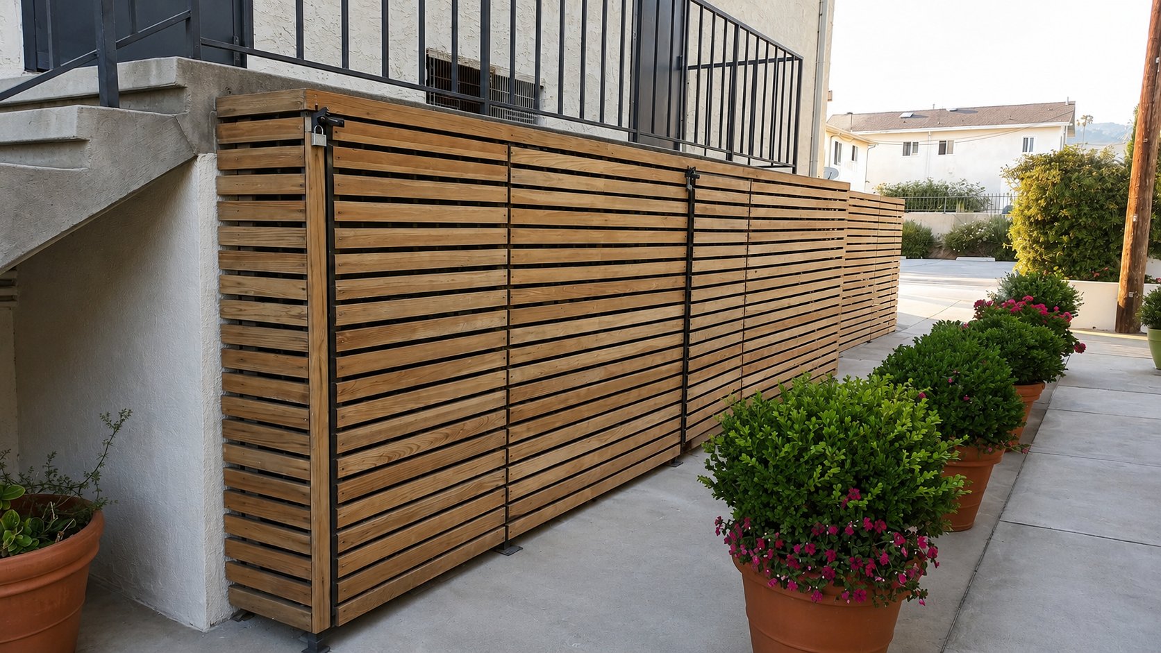 Cedar slat storage enclosure hiding utilities under exterior stair, modern LA property