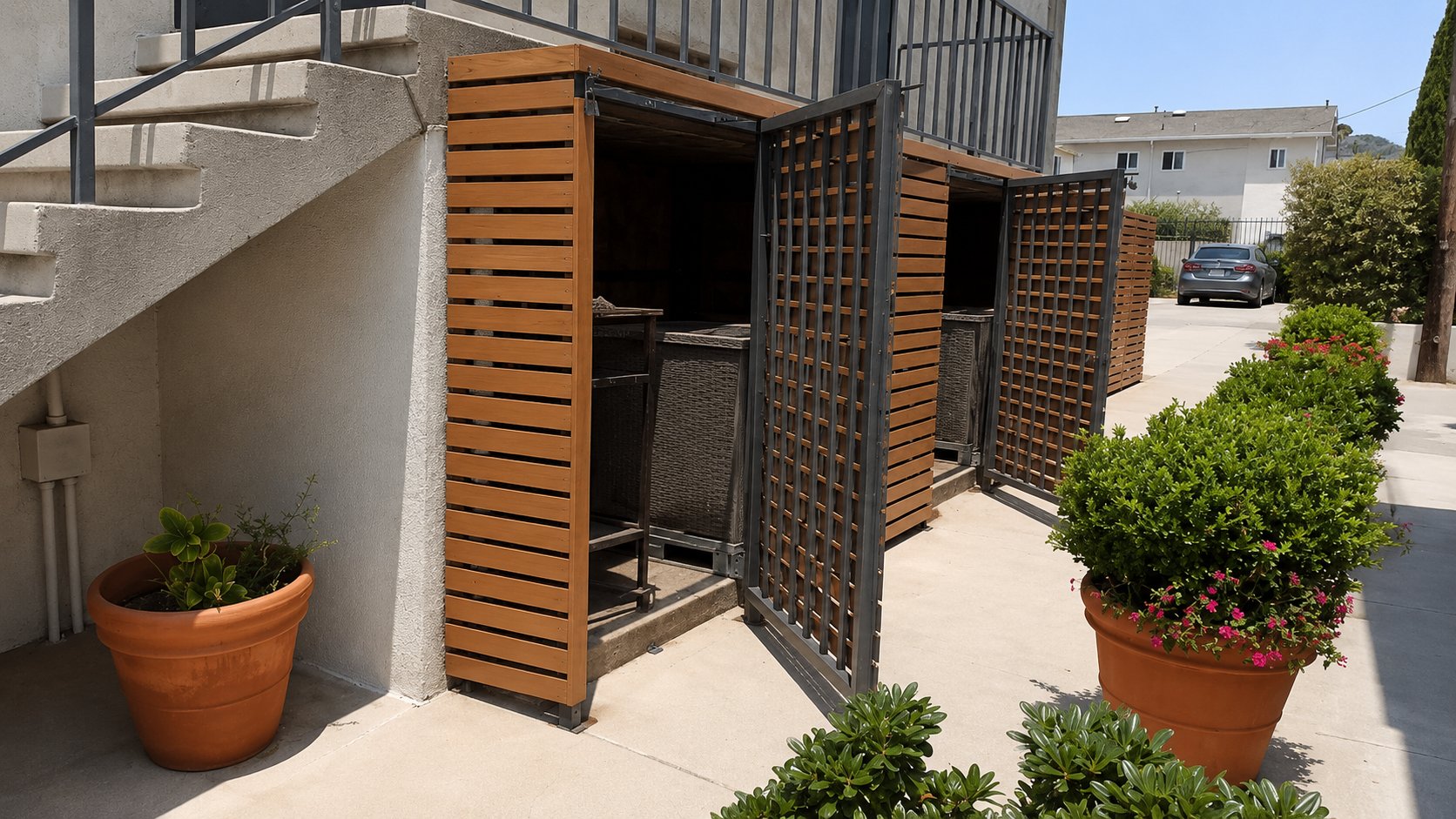 Decorative lattice screen panel paired with horizontal cedar slat fence, accent section