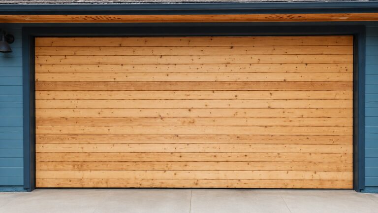 Raw unfinished cedar planks installed on custom garage door, before stain