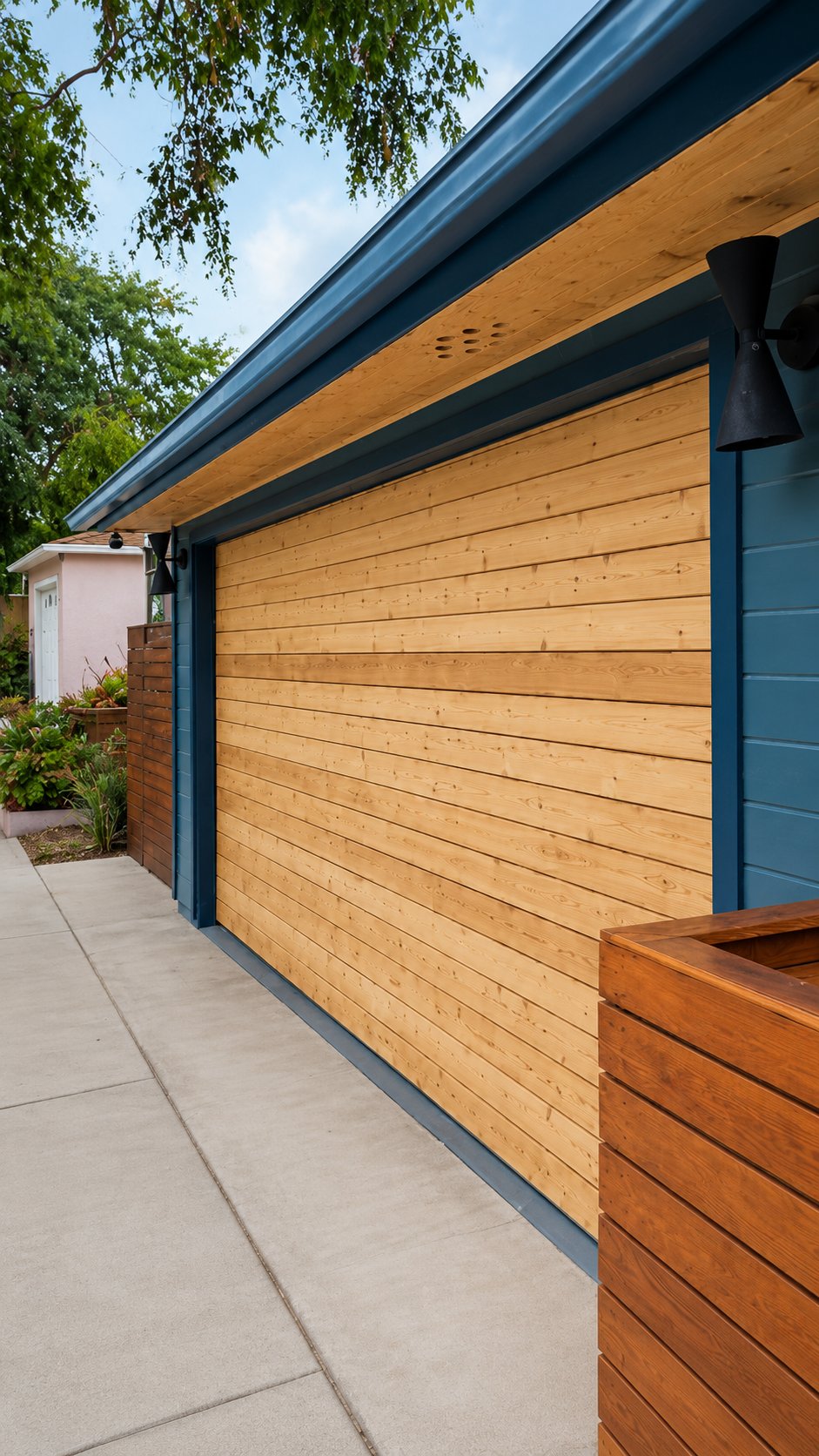 Newly installed raw cedar garage door side angle, dark navy trim and cedar planters