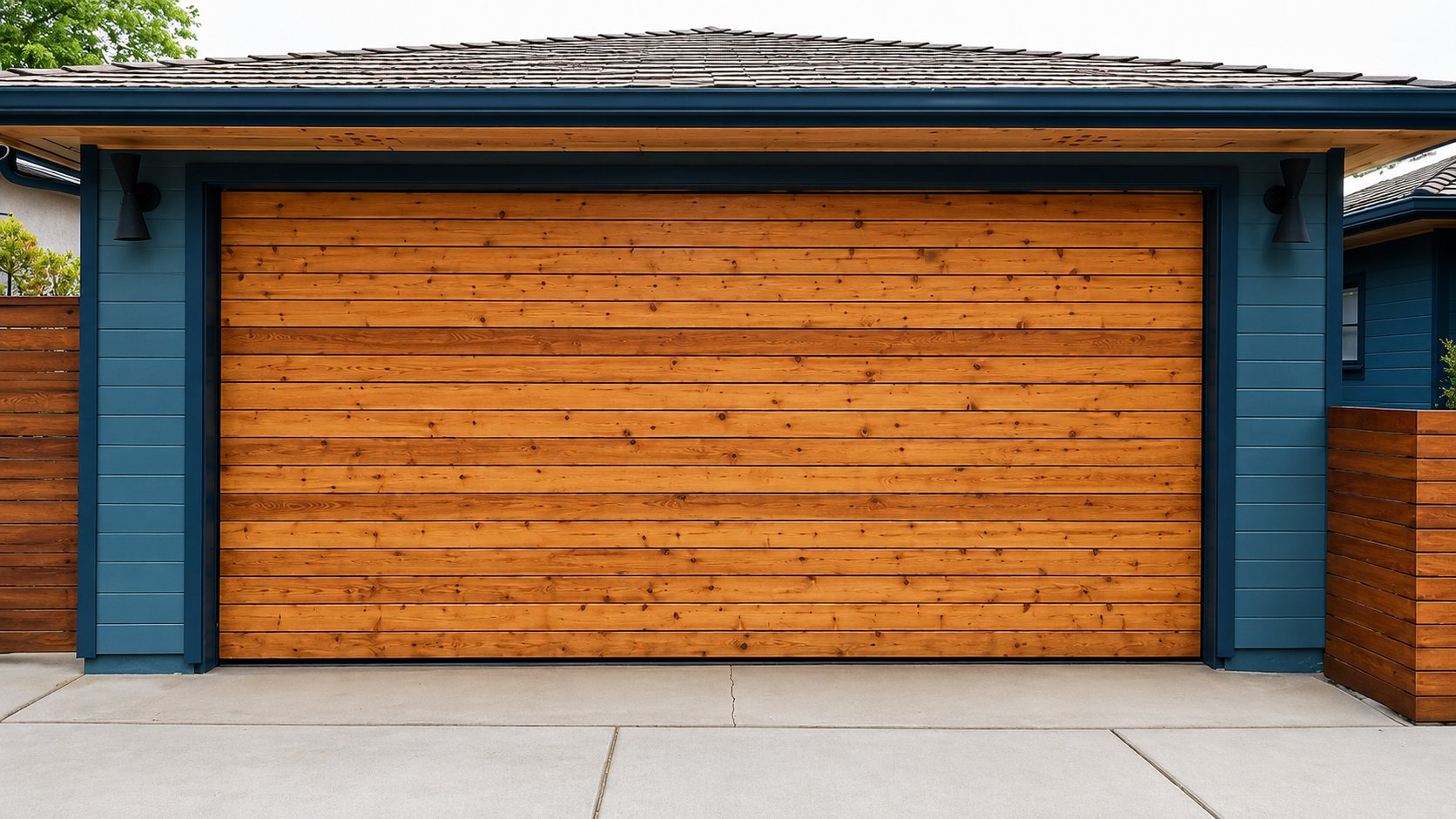 Front view of newly installed raw cedar horizontal plank garage door in Los Angeles