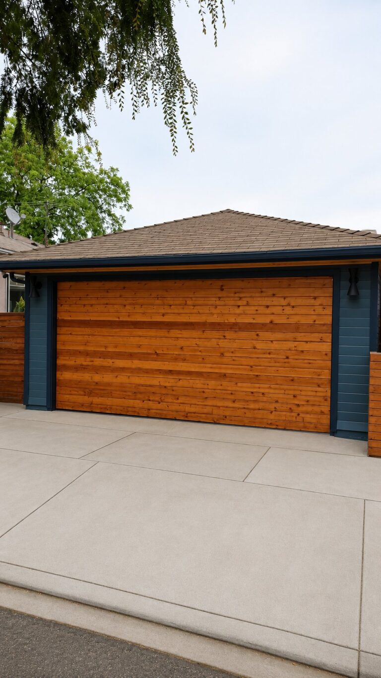Modern horizontal cedar wood garage door in Los Angeles, stained warm honey, dark navy trim