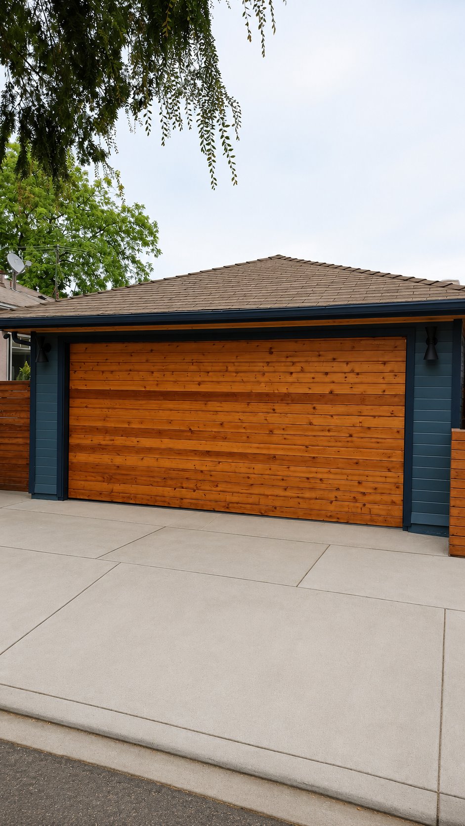 Modern horizontal cedar wood garage door in Los Angeles, stained warm honey, dark navy trim