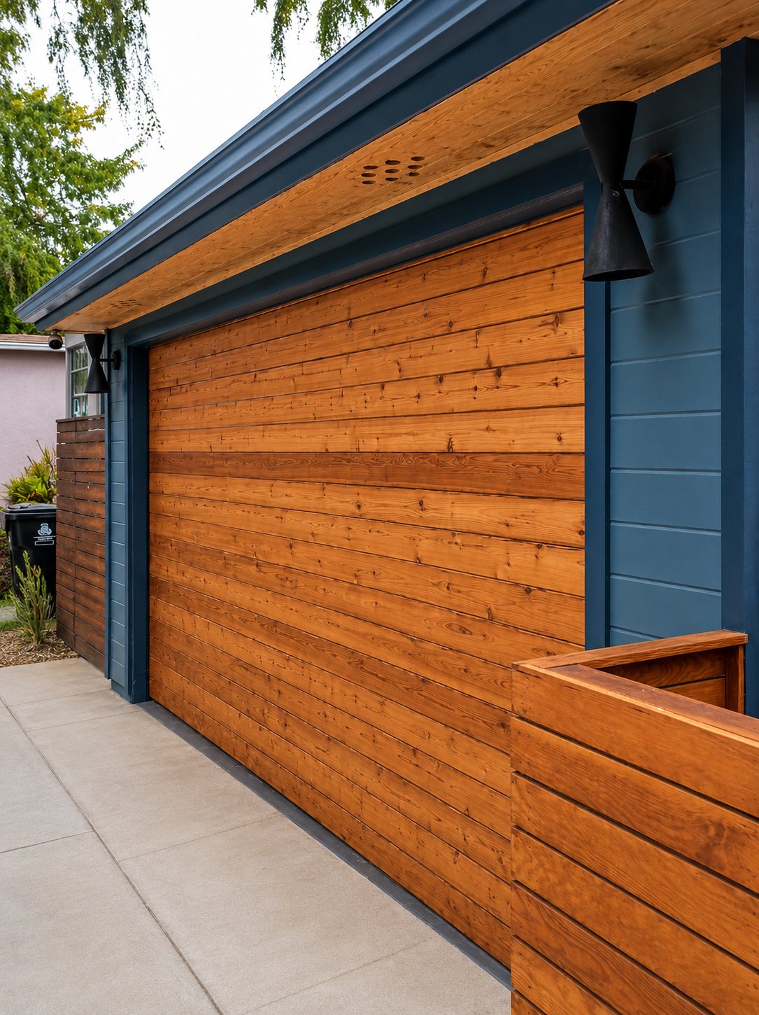 Stained horizontal cedar garage door side angle, modern LA home with dark blue trim and cedar planters