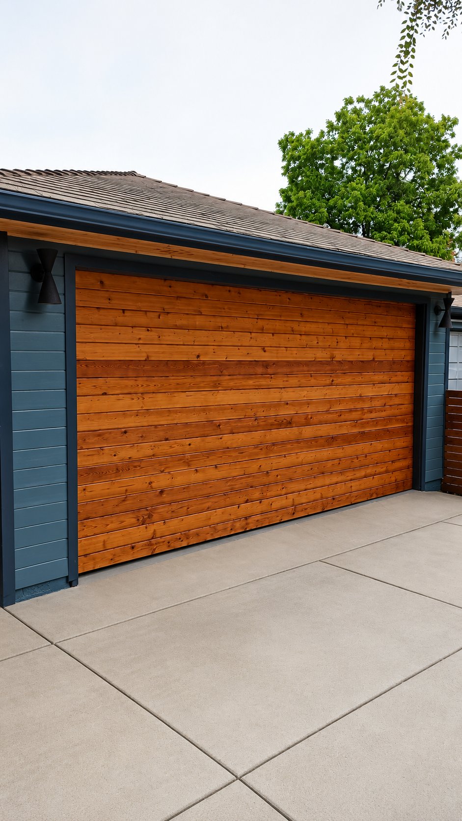 Close-up texture of stained horizontal cedar planks on custom garage door