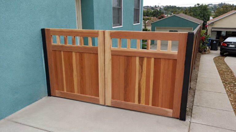 Natural cedar Craftsman wood driveway gate before staining in Los Angeles