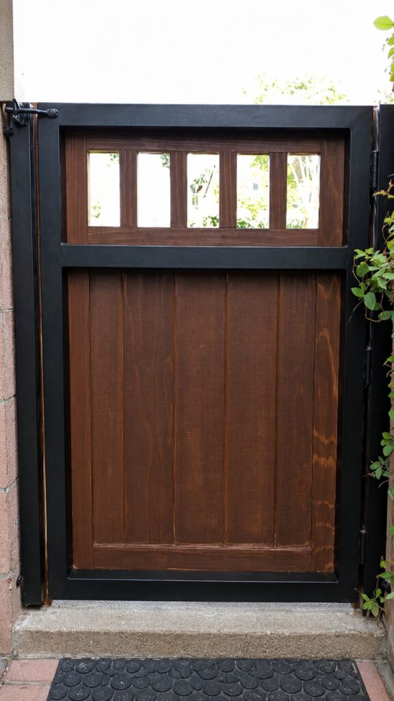 Custom dark walnut Craftsman wood gate with black steel frame and vision windows in Los Angeles