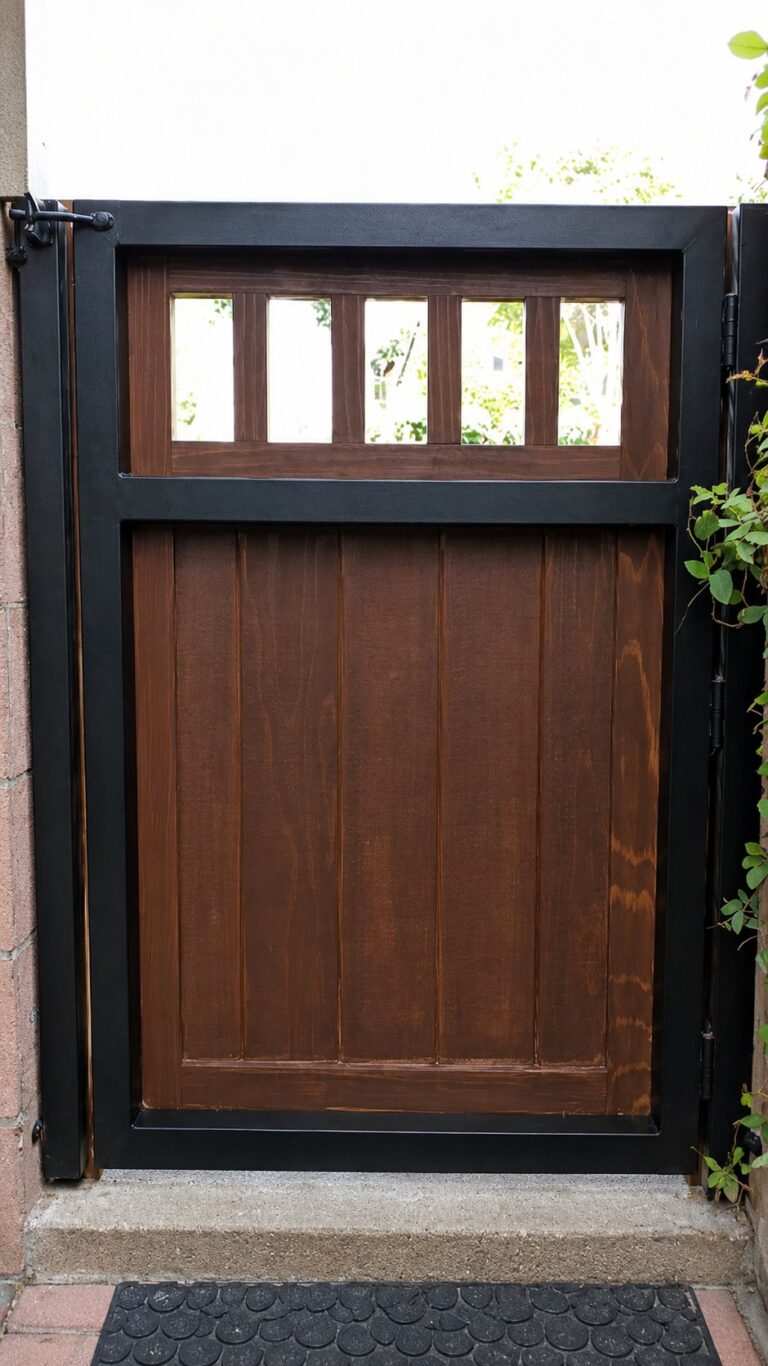 Custom dark walnut Craftsman wood gate with black steel frame in Los Angeles