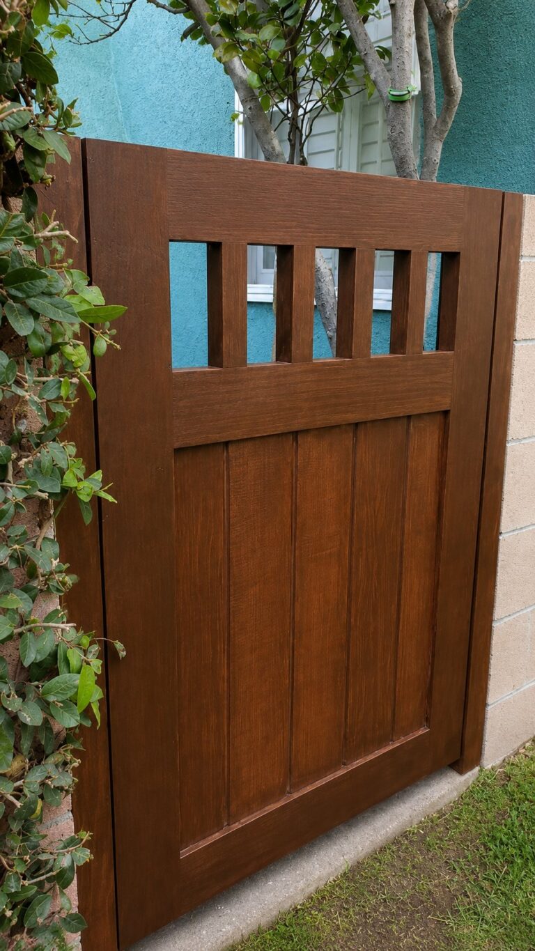 Medium-brown Craftsman wood side gate with open top slats in Los Angeles