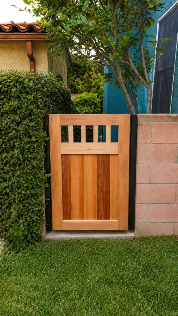 Natural cedar Craftsman wood gate with black steel frame in a block wall in Los Angeles