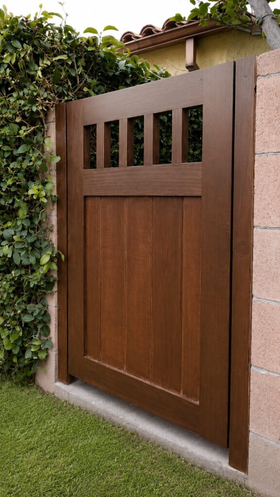 Angled view of a stained Craftsman wood gate with open top slats in Los Angeles