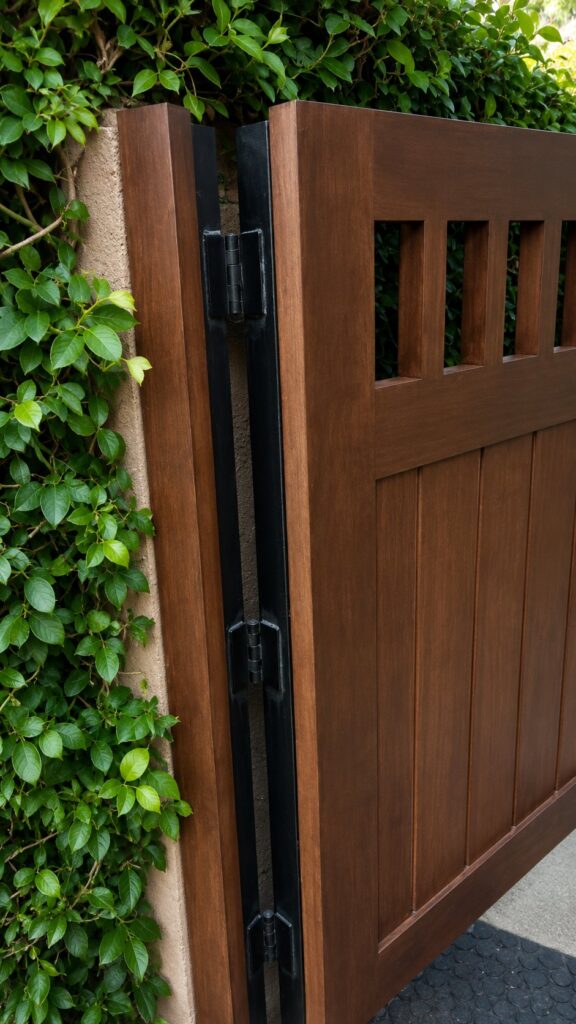 Detail of black steel frame and heavy-duty strap hinges on a custom wood gate in Los Angeles