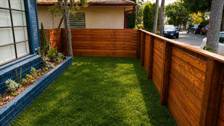 Landscaped front yard with horizontal cedar fence in Los Angeles