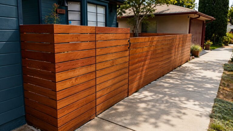 Horizontal cedar fence with custom pedestrian gate in Los Angeles