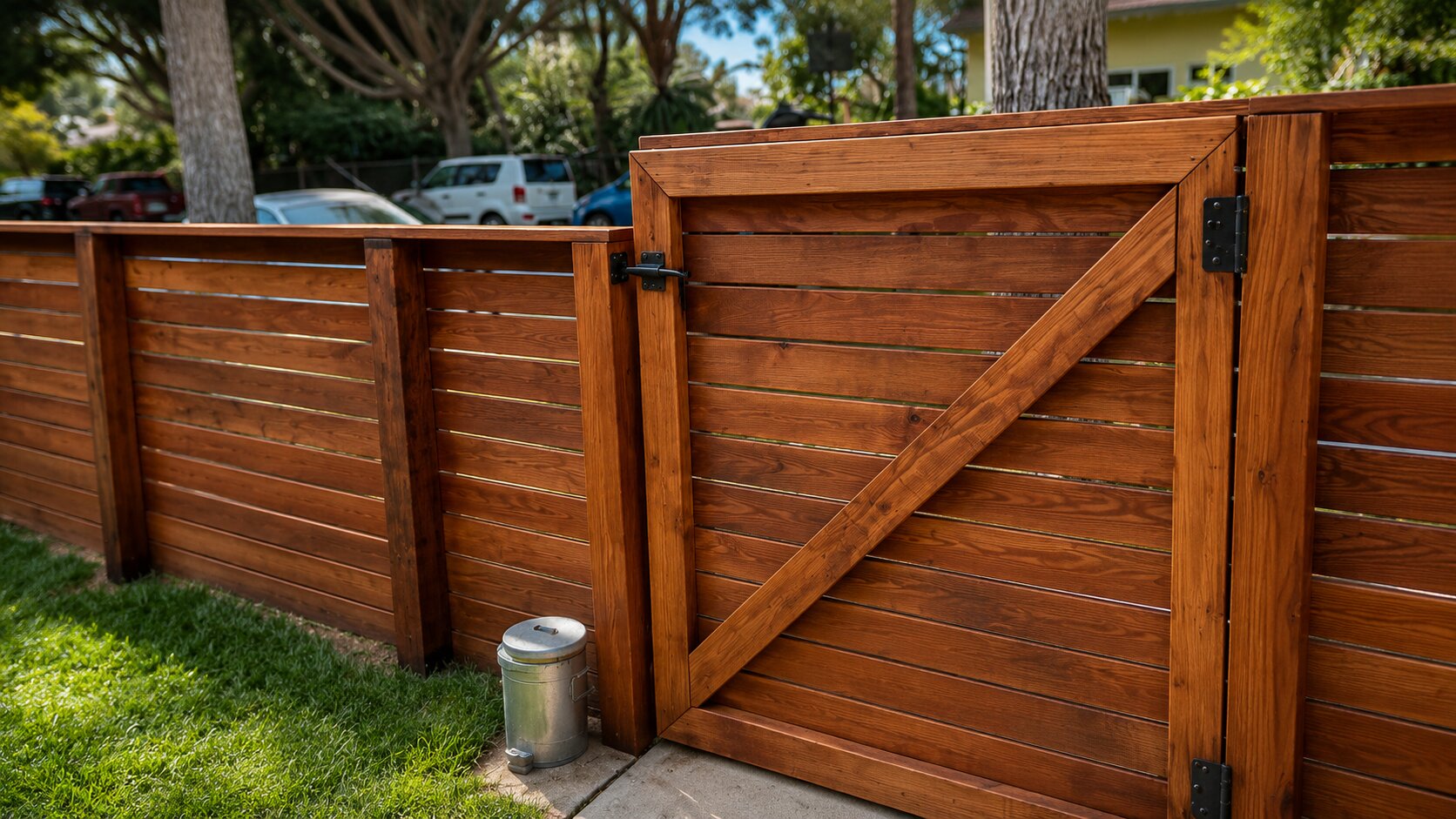 Custom horizontal cedar gate with Z-frame bracing and black hardware.