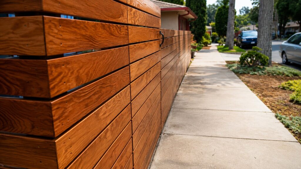 Modern horizontal cedar fence in Los Angeles seen from the sidewalk, showing horizontal slat detail and warm stain.