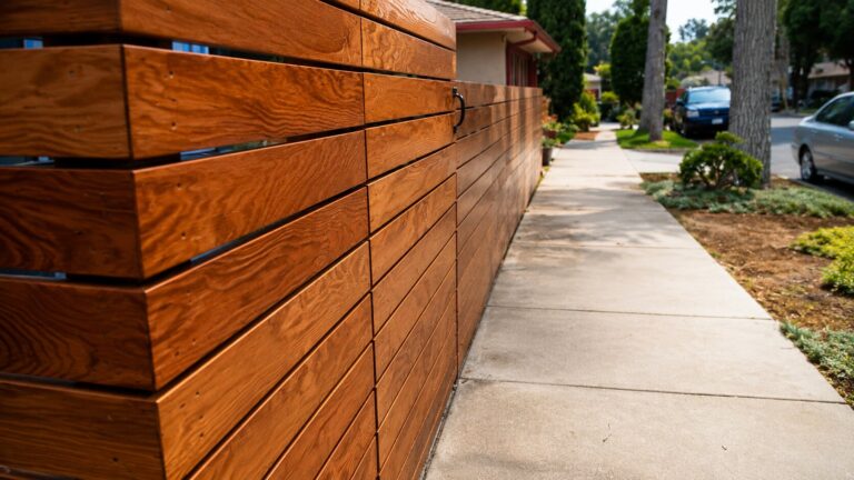 Modern horizontal cedar fence in Los Angeles, street-side view