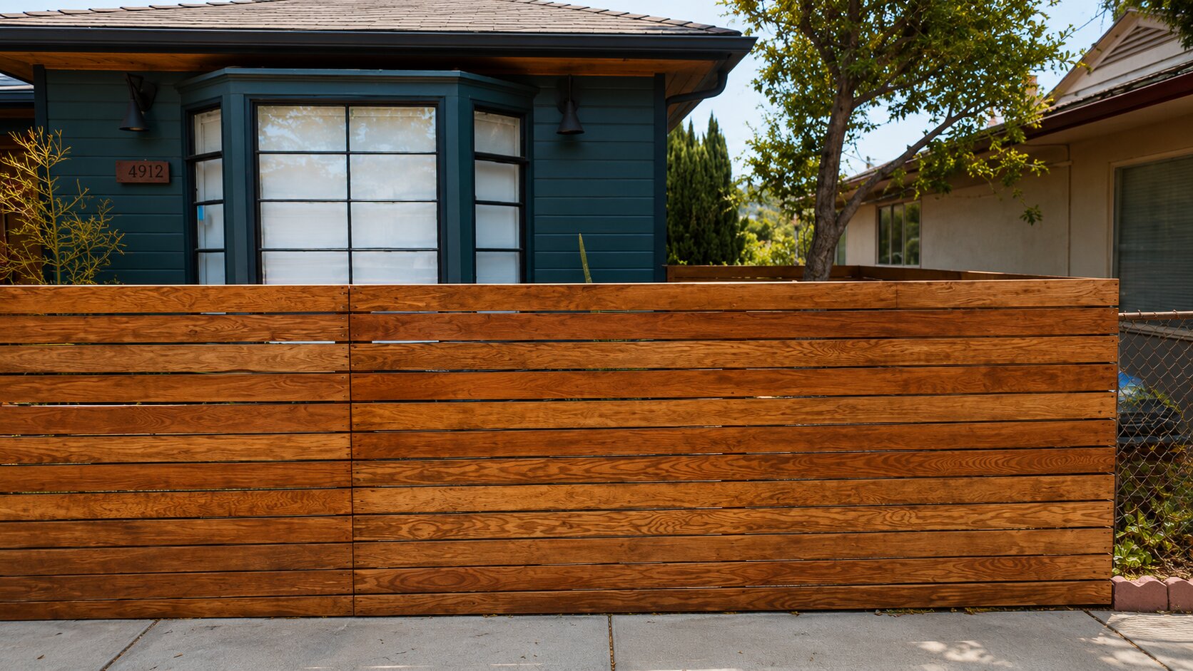 Front facade of a Los Angeles home with a modern horizontal cedar fence enclosing the front yard.