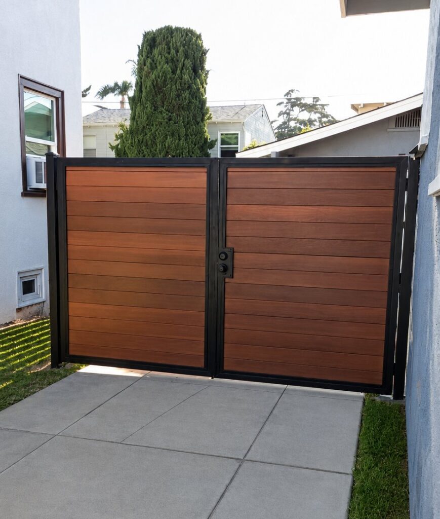 Modern double driveway gate with black steel frame and horizontal wood panels in Los Angeles