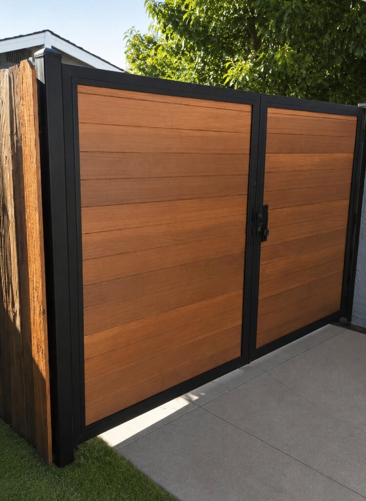 Side angle of a steel-frame wood gate with horizontal panels next to a wood fence in Los Angeles