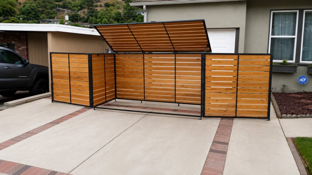 Custom cedar and steel trash bin enclosure in Los Angeles with lid open