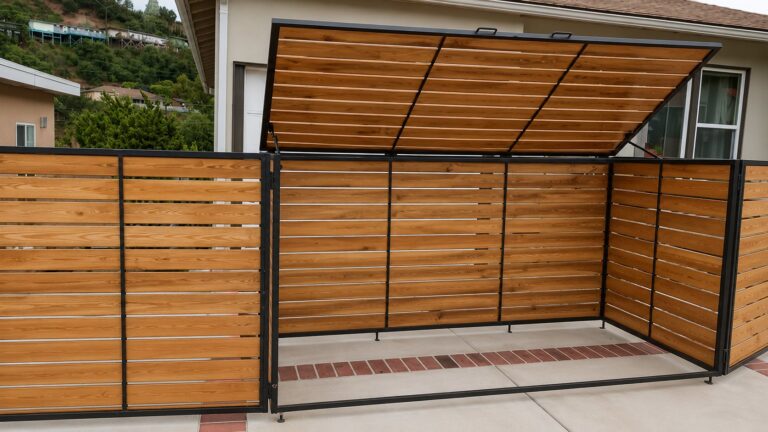 Trash enclosure with matching side screen fence panels along driveway