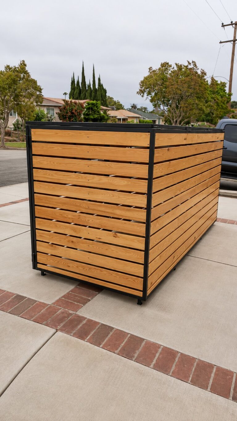 Rear three-quarter angle of cedar-clad trash bin enclosure