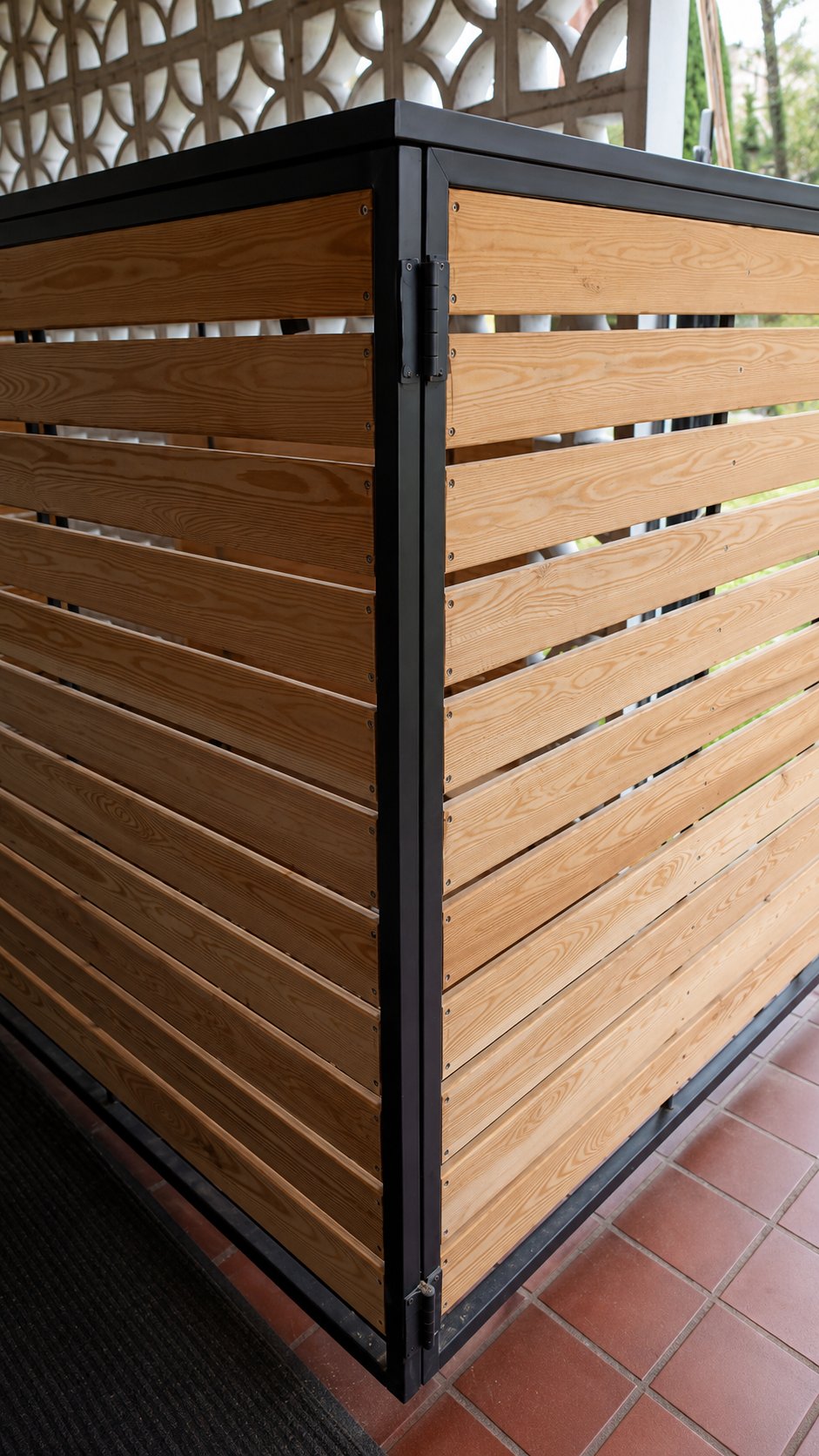 Close-up of horizontal cedar slats and welded black steel frame on custom trash enclosure
