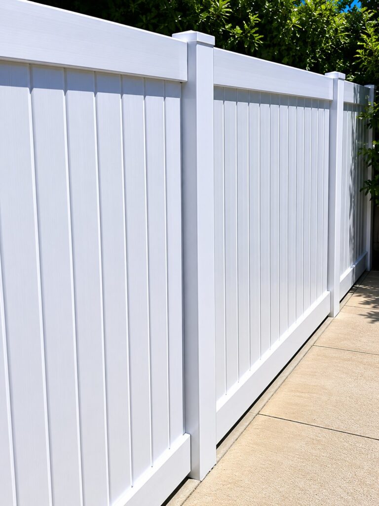 Close-up of white vinyl tongue-and-groove privacy fence panels and posts in Los Angeles