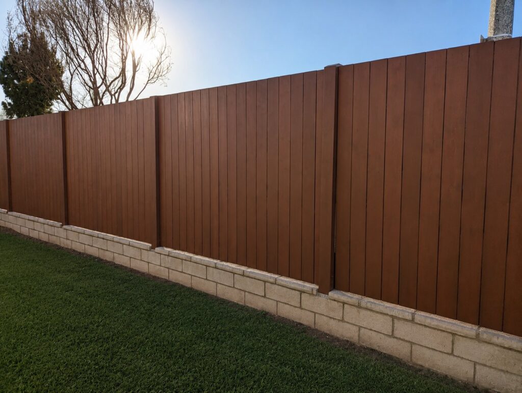 Custom vertical wood privacy fence on low concrete block wall, stained warm reddish-brown
