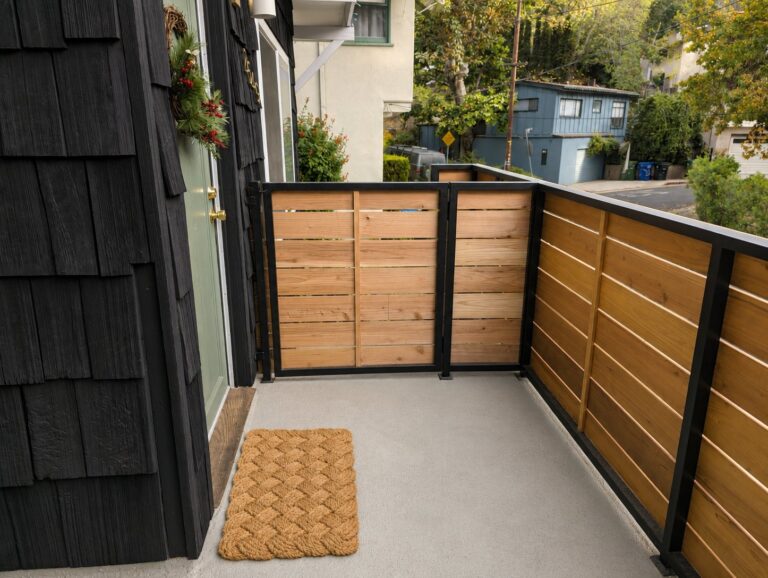 Entry porch with matching cedar-and-steel gate — Los Angeles
