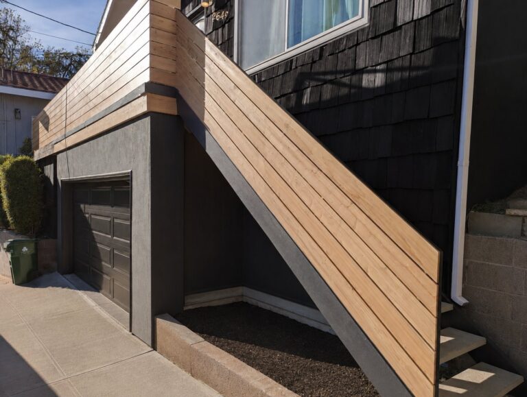 Cedar cladding under the side staircase — Los Angeles