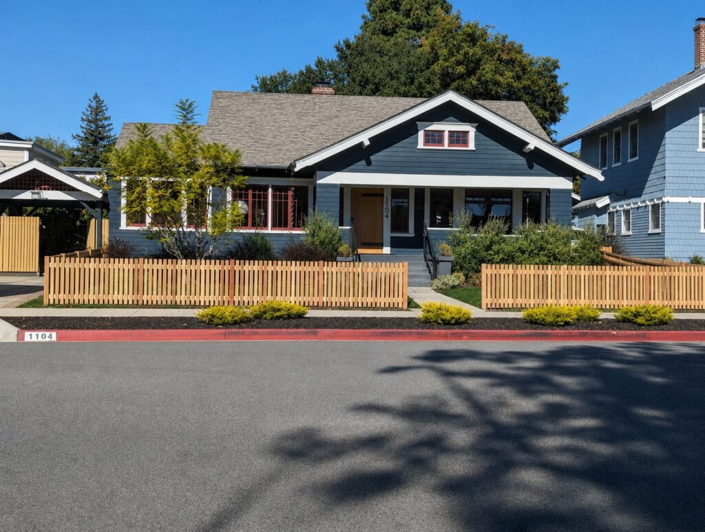 Before — natural cedar front yard picket fence as built, no finish yet — Los Angeles