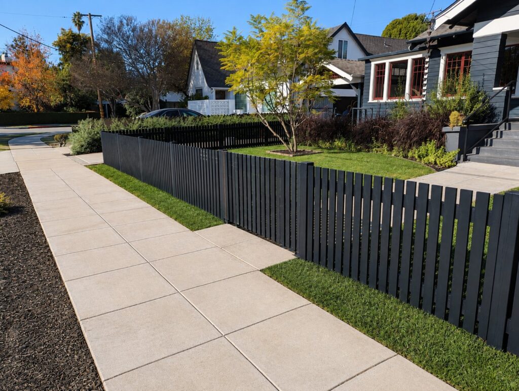 After — black-painted cedar fence side view along the sidewalk — Los Angeles