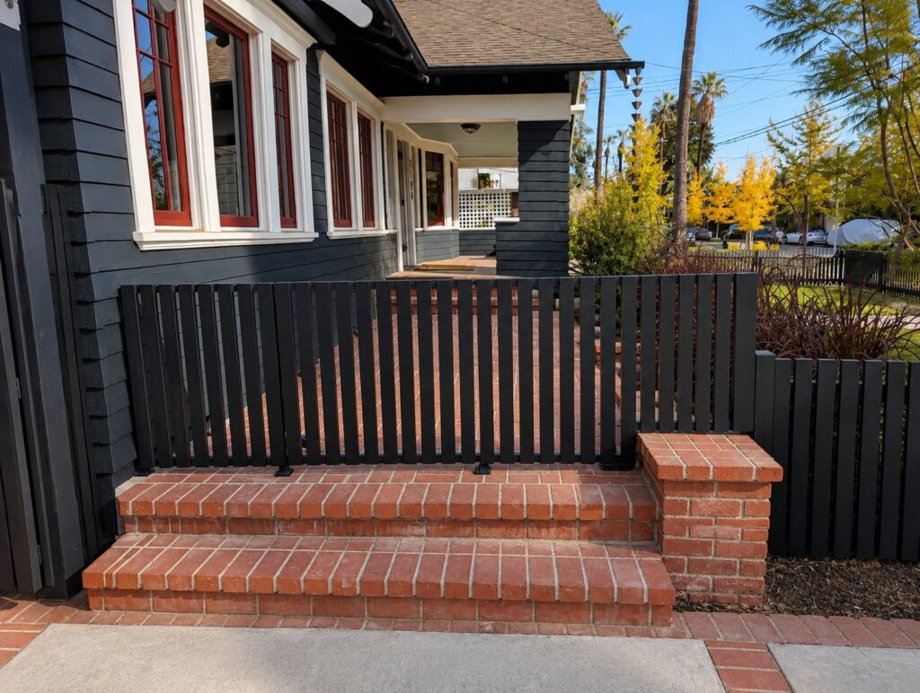 After — black-painted cedar fence detail at the brick porch steps — Los Angeles