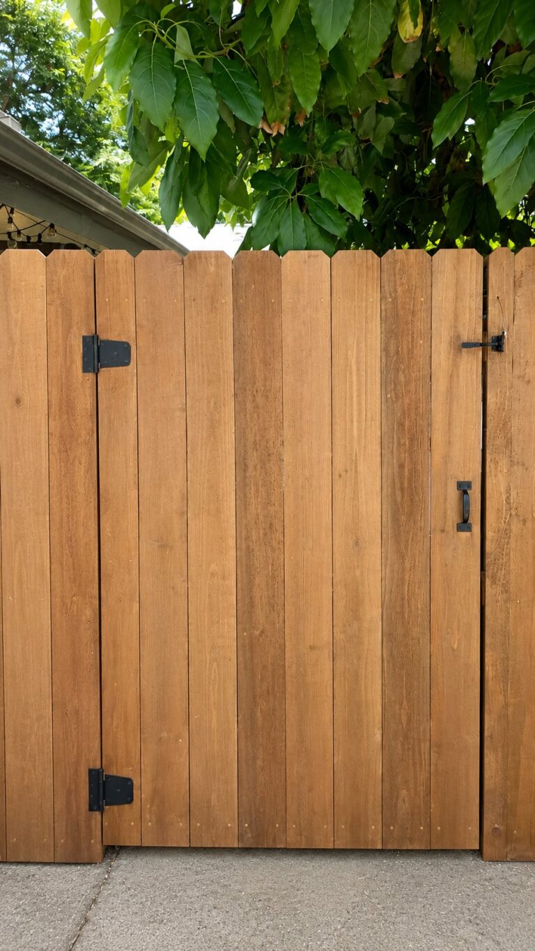 Detail of cedar wood gates with black hardware, LA backyard