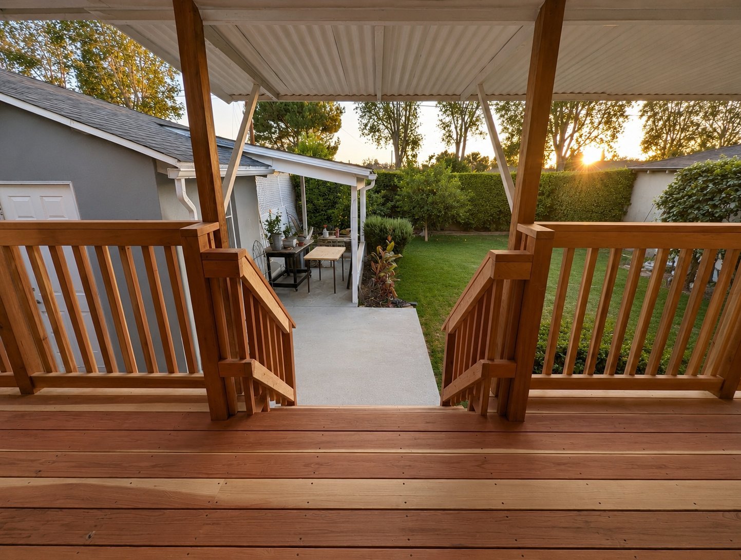 Custom redwood side yard deck with privacy screen Los Angeles