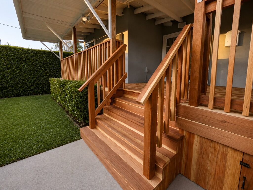 Redwood deck stairs side angle showing stringer profile and grade — Los Angeles