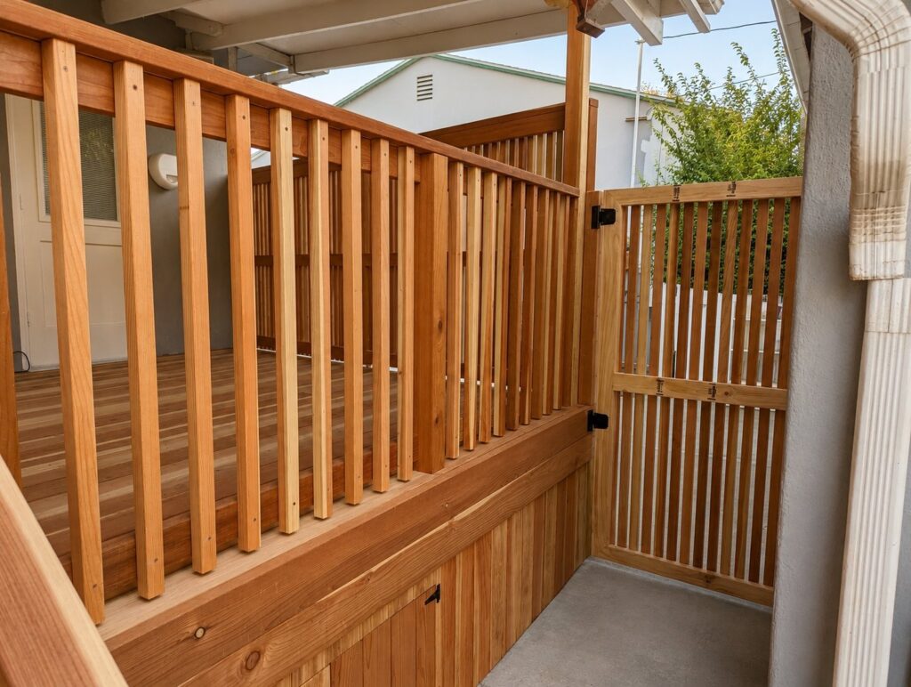 Custom redwood railings with an access gate — even baluster spacing — Los Angeles