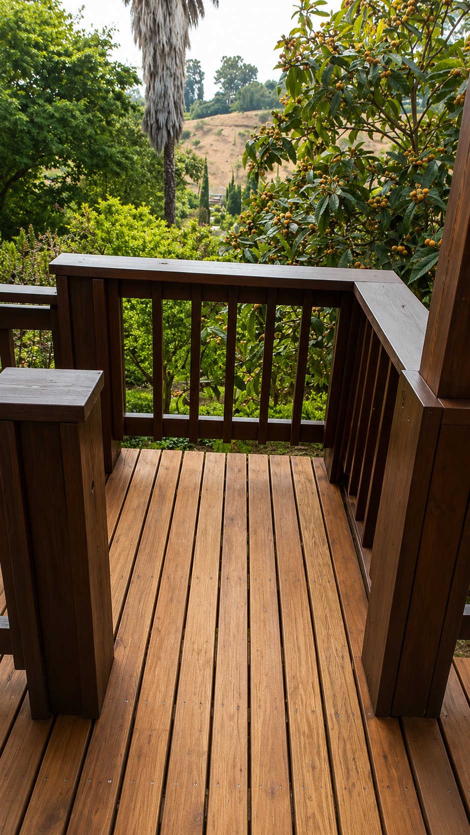 Premium hillside backyard deck in Los Angeles — warm hardwood-tone deck boards, stained wood railing, canyon view