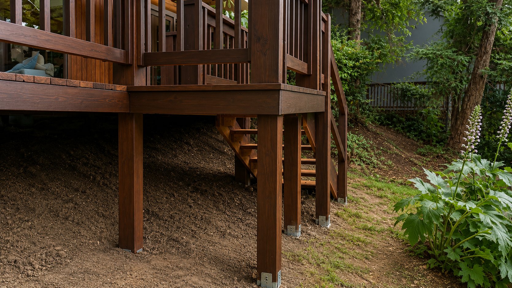 Structural posts and steel bracket bases of hillside elevated wood deck, LA